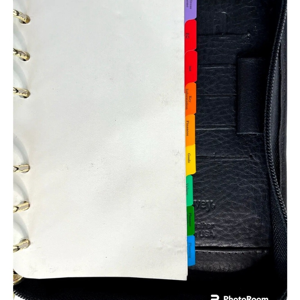Franklin Covey Black Full Grain Nappa Leather USA Device Holder Zip Binder Tabs - Picture 11 of 15